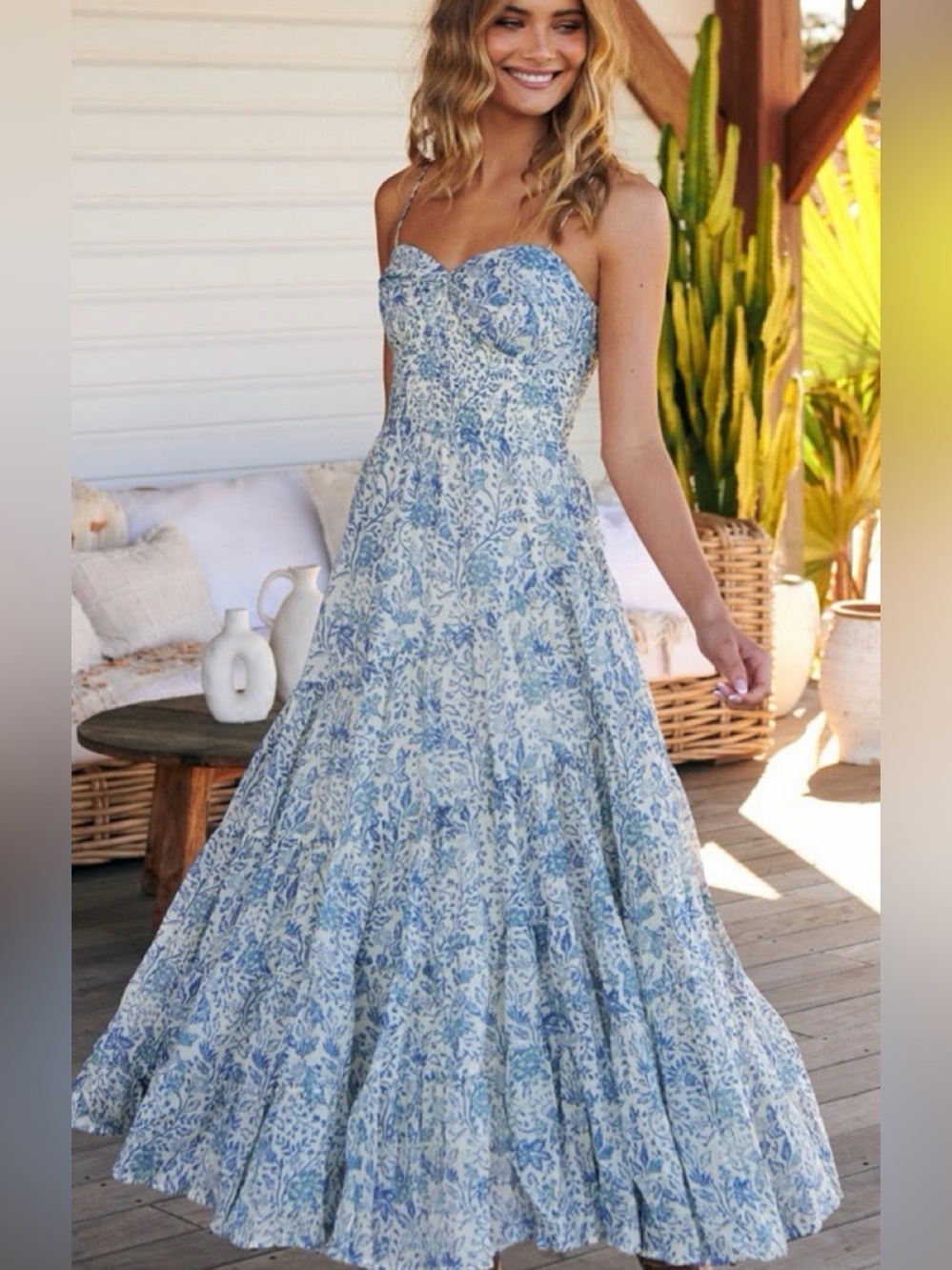 Free People Sundrenched Printed Maxi Dress Size Small Ivory Blue Floral
